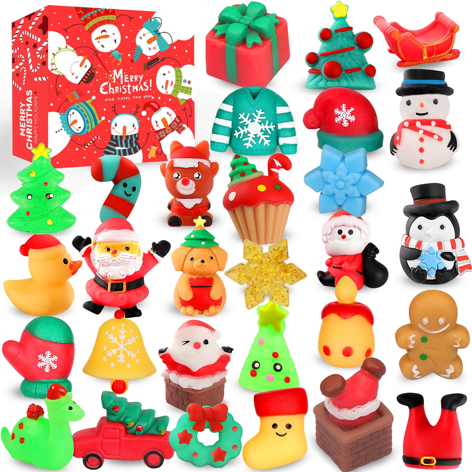 Nobasco 26-pack Christmas squishy toys arranged for party favors and goody bags.