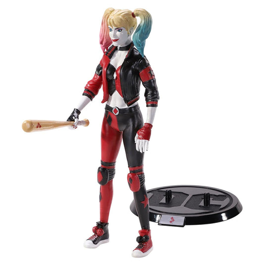 The Noble Collection BendyFigs Harley Quinn DC figure in dynamic pose for display.