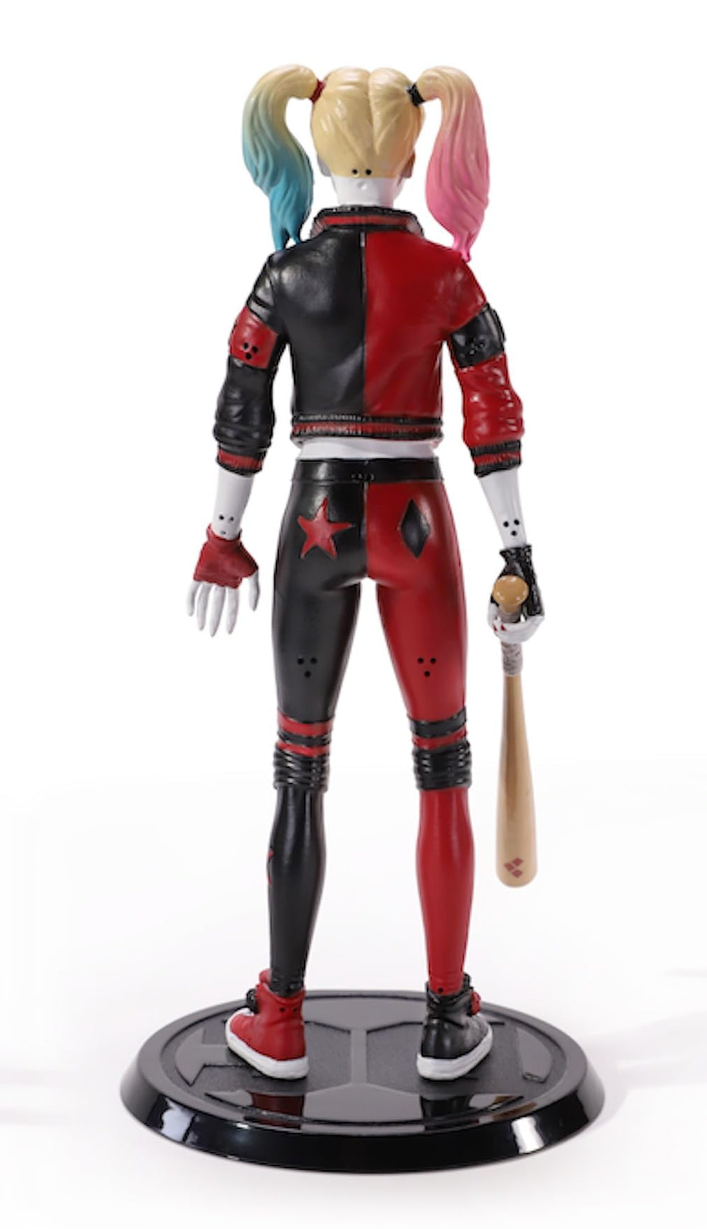 Detachable base supports versatile posing for Harley Quinn figure.