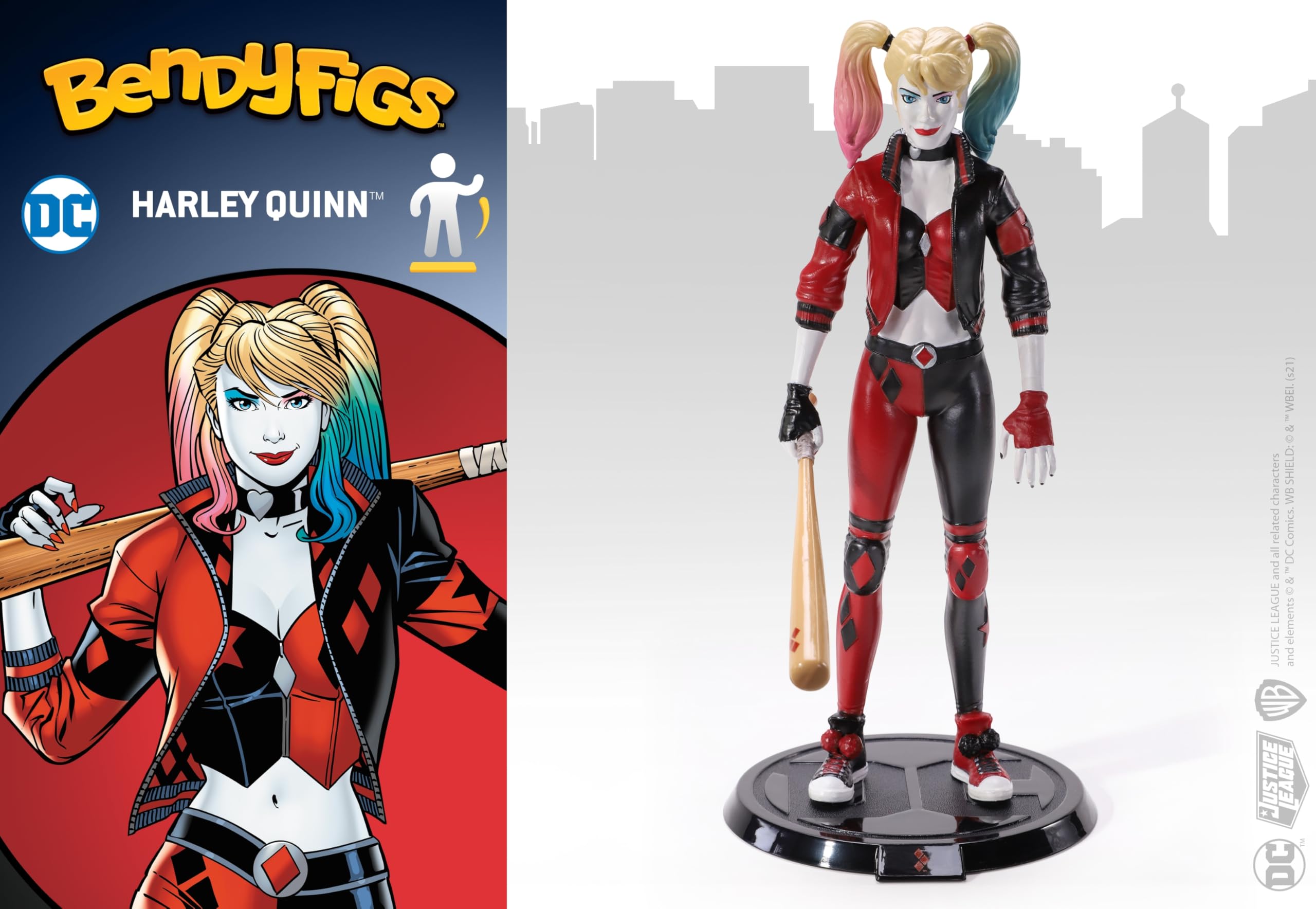 Display stand supports stable posing for Harley Quinn figure.