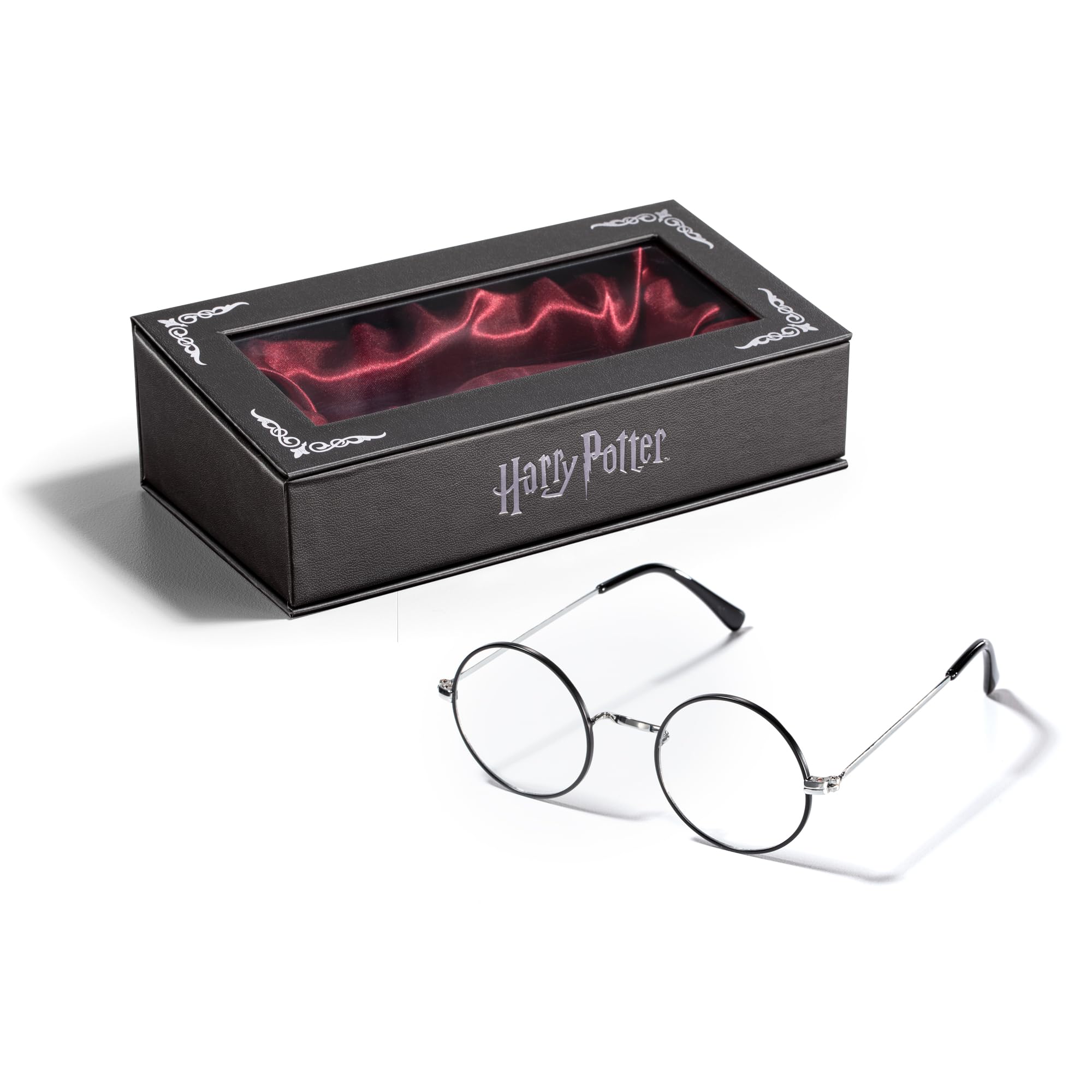 The Noble Collection Harry Potter's Glasses inside a leatherette keepsake box for safekeeping.