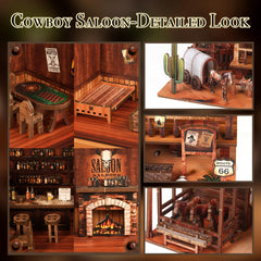 NookMaster Cowboy Saloon bar detail highlights weathered oak counter.