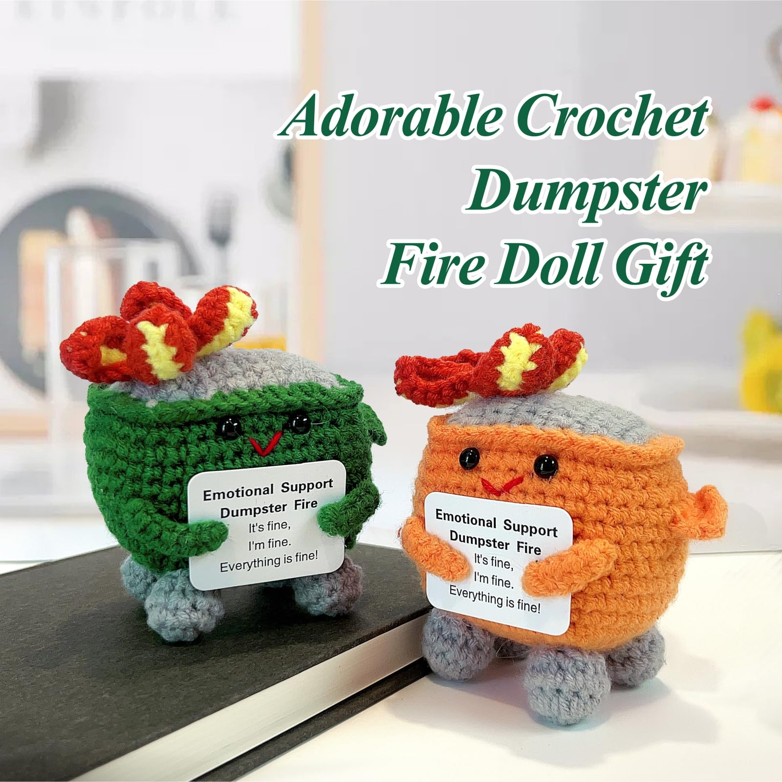 Nordkawa workspace decor featuring crochet dumpster fire adding personality