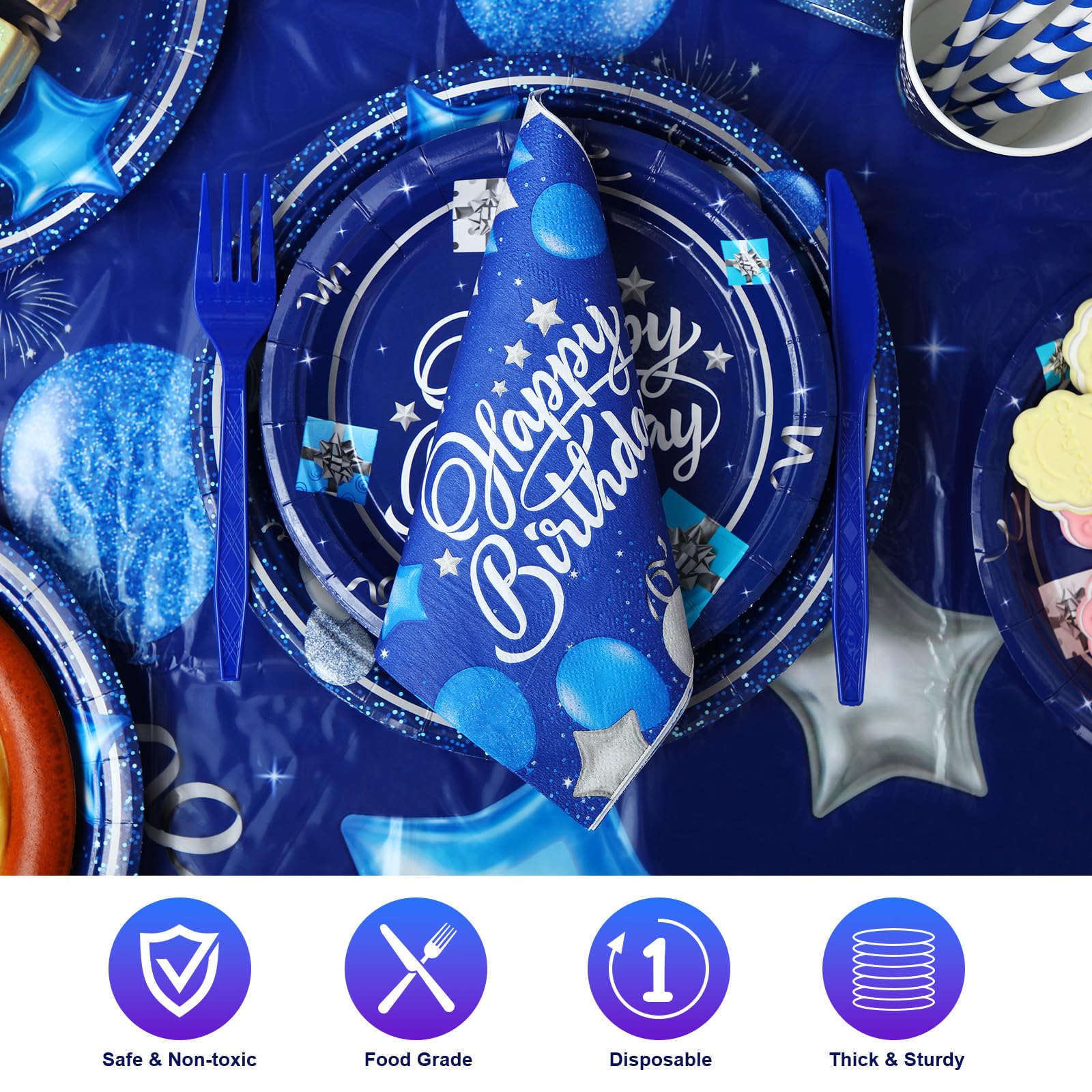 Norme 9-inch navy blue and silver plates arranged for a festive meal.
