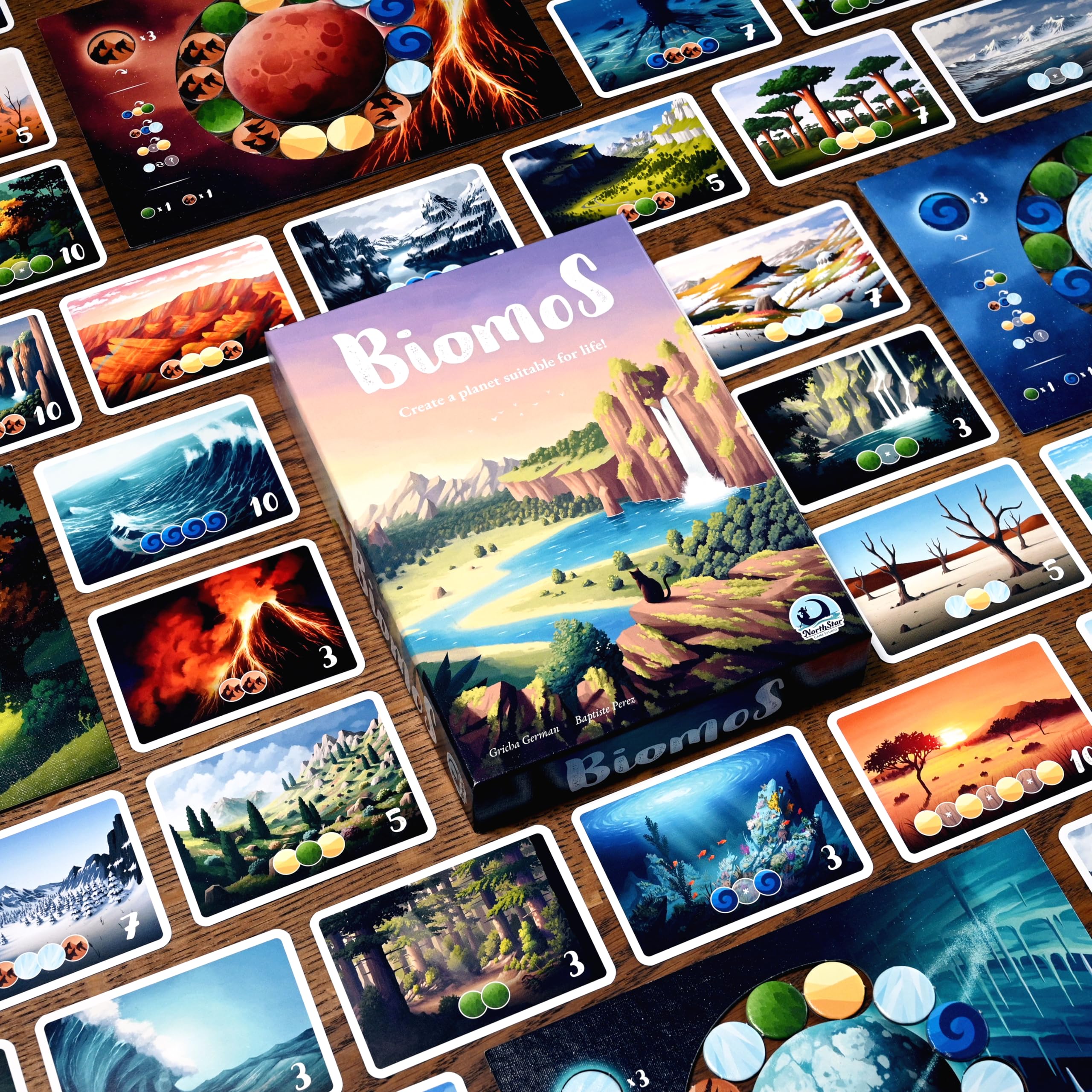 Biomos planet board showing space for quick, engaging planet creation by North Star Games.