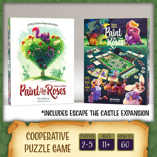 North Star Games Paint the Roses Deluxe queen of hearts artwork sets a mood for puzzle intrigue.