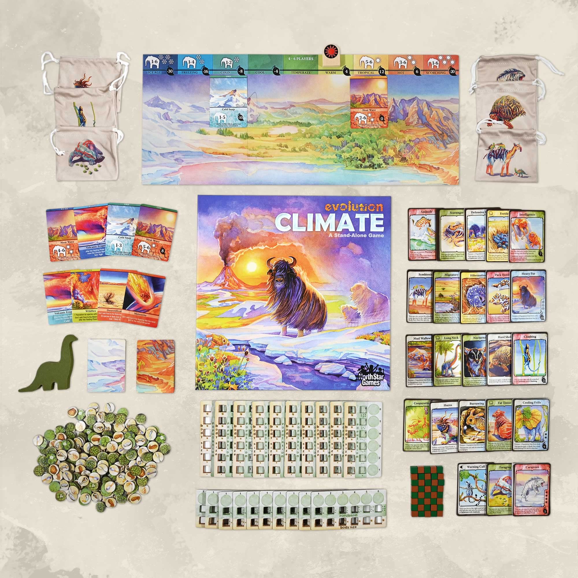 Box contents of Evolution Climate including expansion and game components