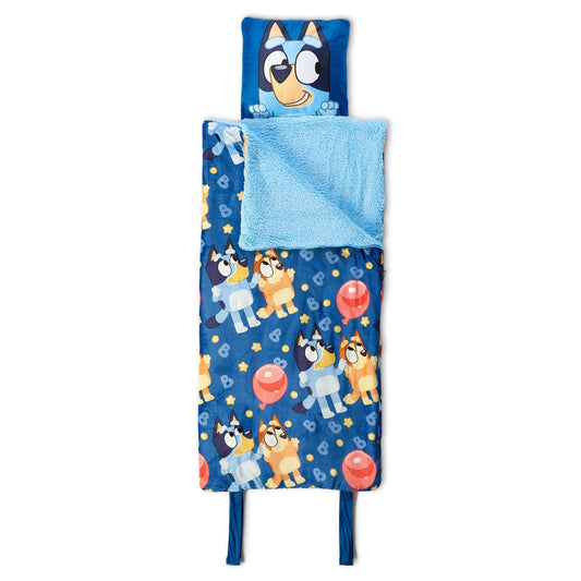 Northwest Bluey B for Balloon slumber bag with attached pillow, ideal for cozy sleepovers.