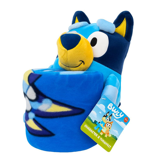 Close-up of the Bluey blanket fabric showing soft plush texture and color.
