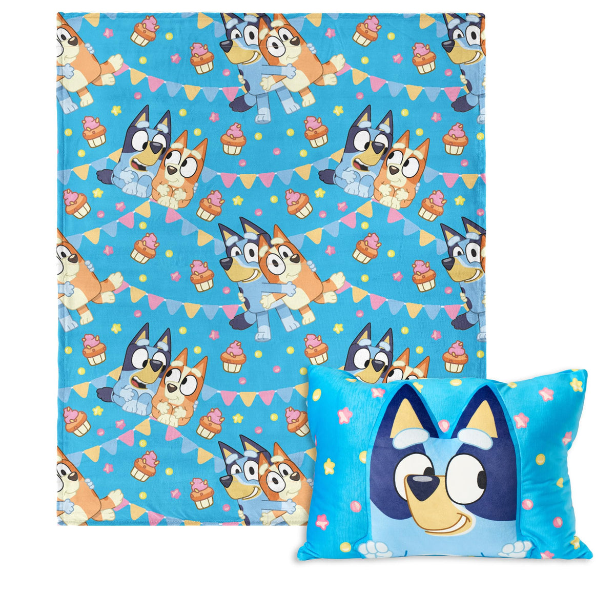 Northwest Bluey Party Pups throw blanket close-up shows vibrant pattern for cozy playtime