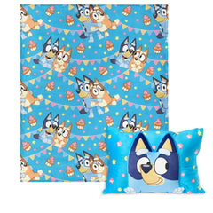 Northwest Bluey Party Pups throw blanket close-up shows vibrant pattern for cozy playtime