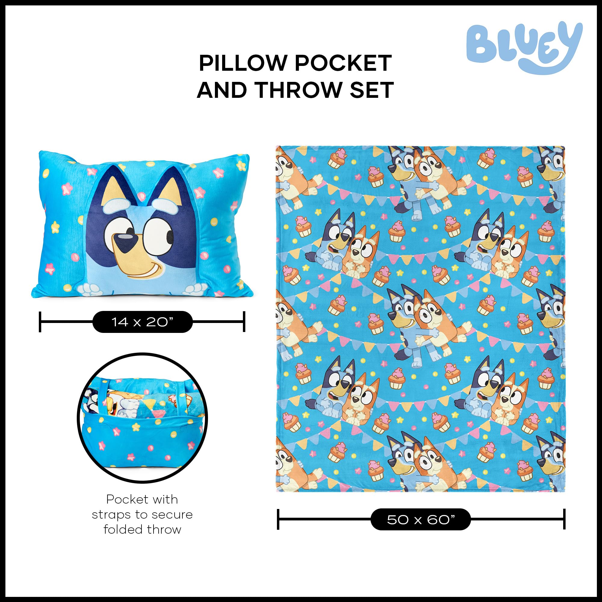 Northwest Bluey Party Pups travel-ready blanket and pillow in a kid-friendly setup