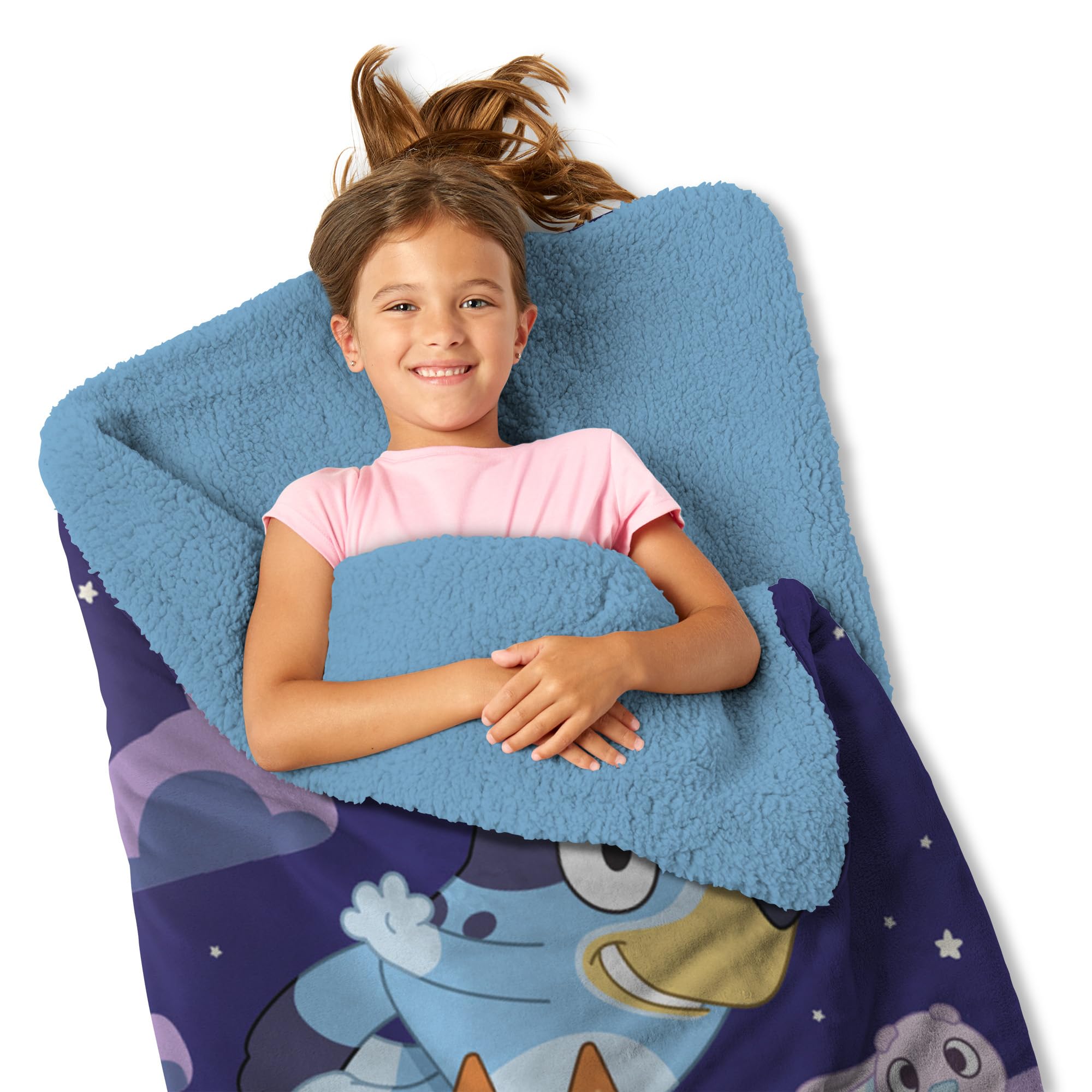 Northwest Bluey slumber bag interior with plush Sherpa for warm naps