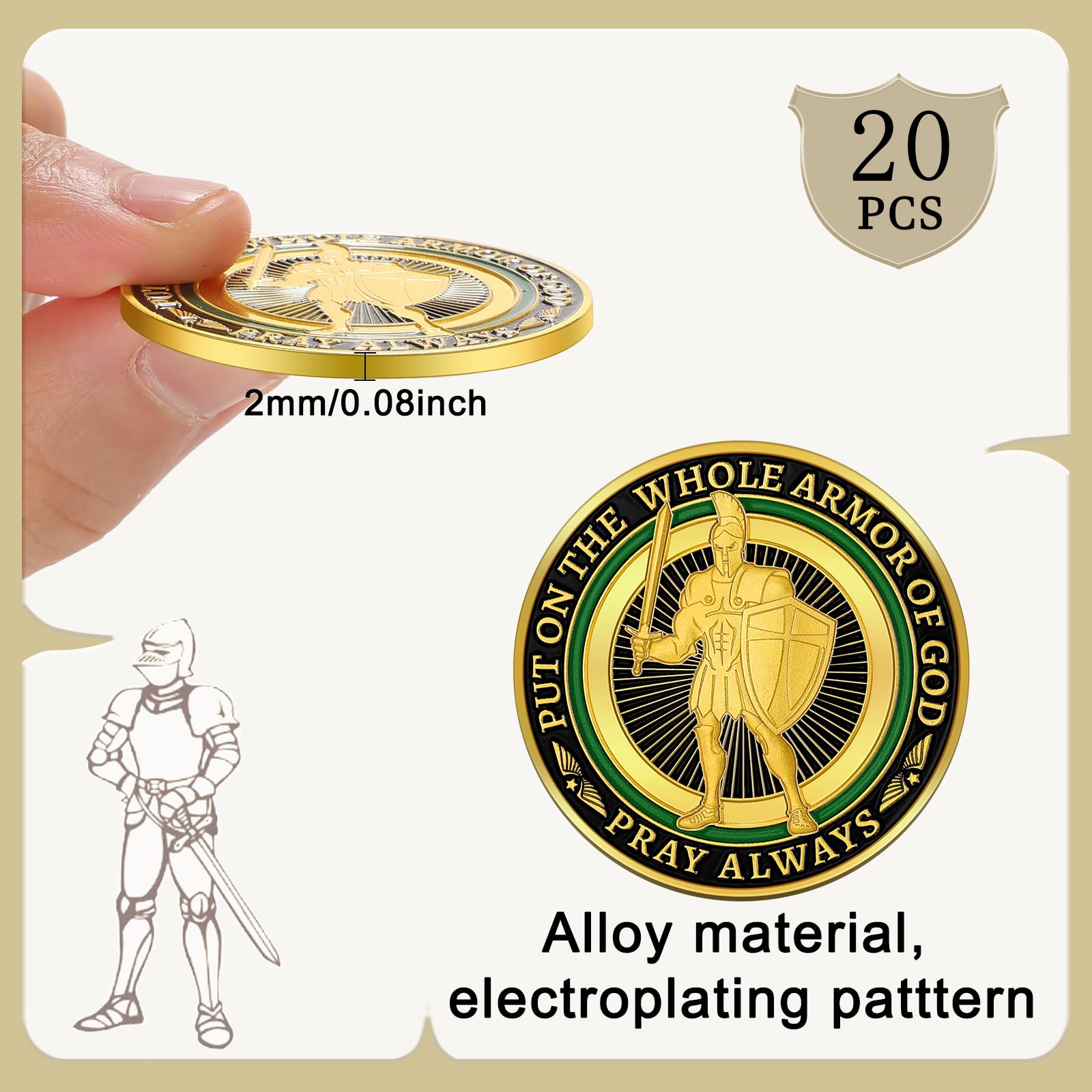 Nosiny Armor of God coins 4 cm diameter for easy handling and display.