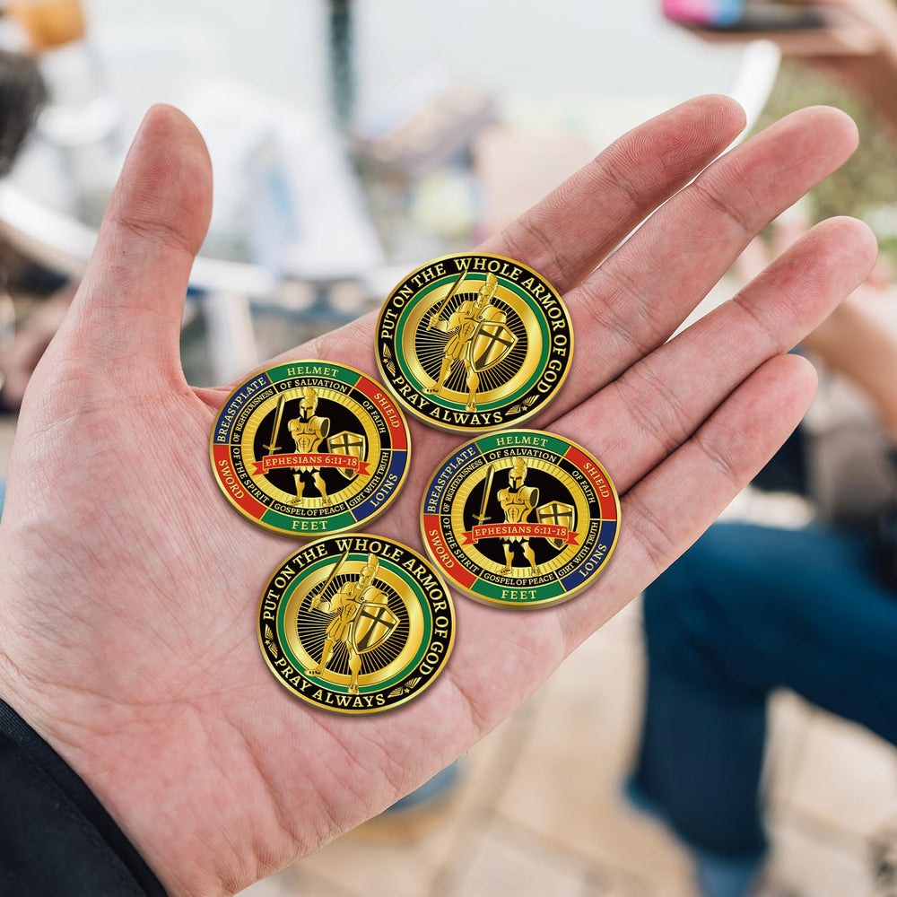 Nosiny Armor of God coins serve as decorative tokens or religious gifts.