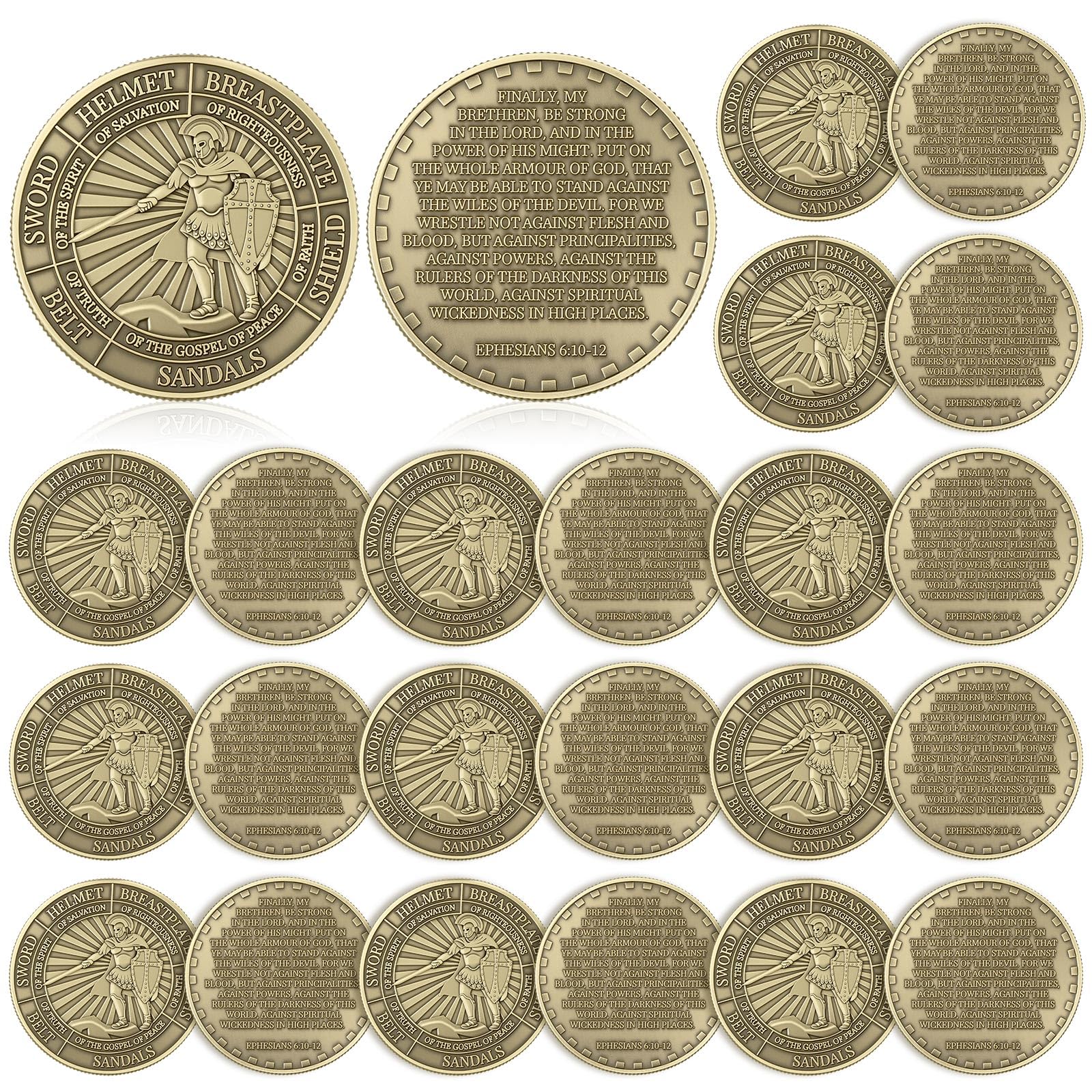 Nosiny Armor of God coin front view, durable alloy for lasting faith tokens.