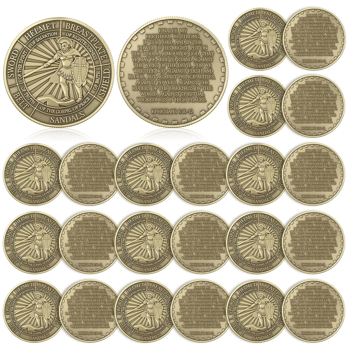 Nosiny Armor of God coin front view, durable alloy for lasting faith tokens.