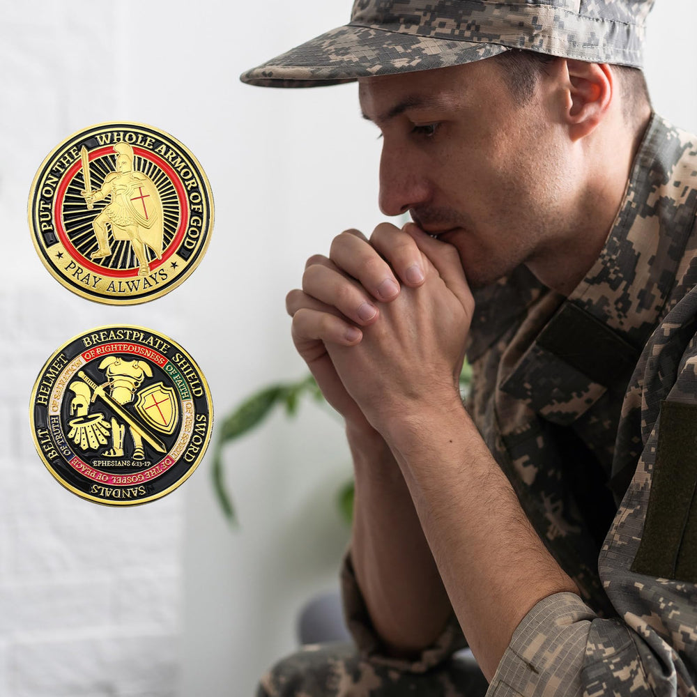 Nosiny Armor of God coins in hand for comfortable handling and display.