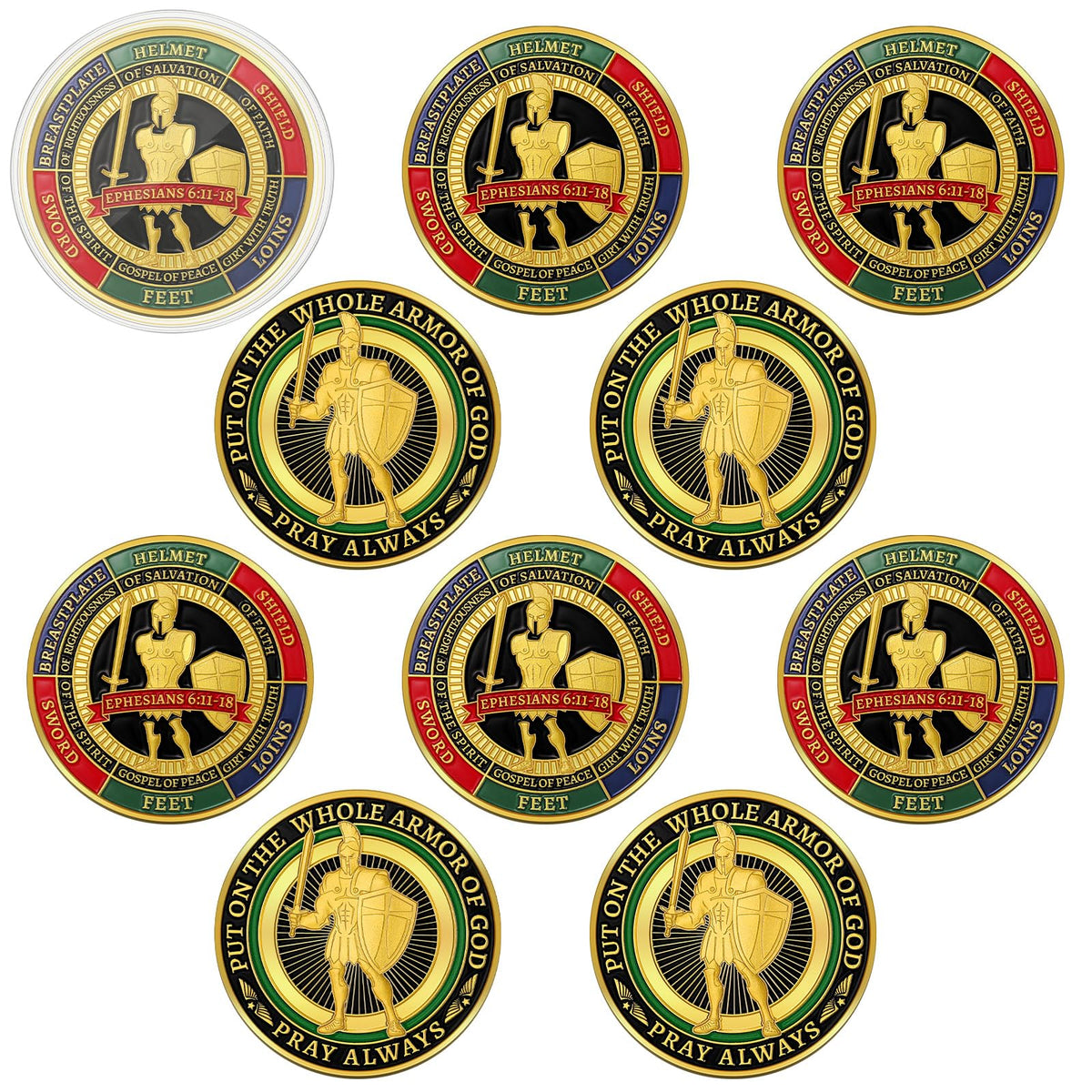Nosiny armour of God coin 10pcs pack, compact 4 cm size for everyday faith reminders.