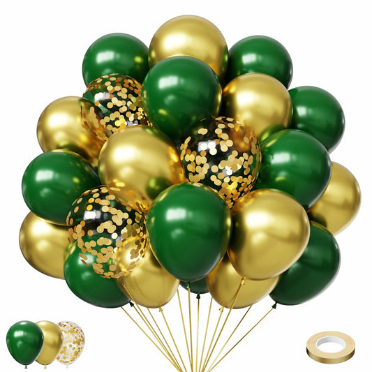 NOT HOME green and gold balloons set in a packshot for festive party décor ideas.