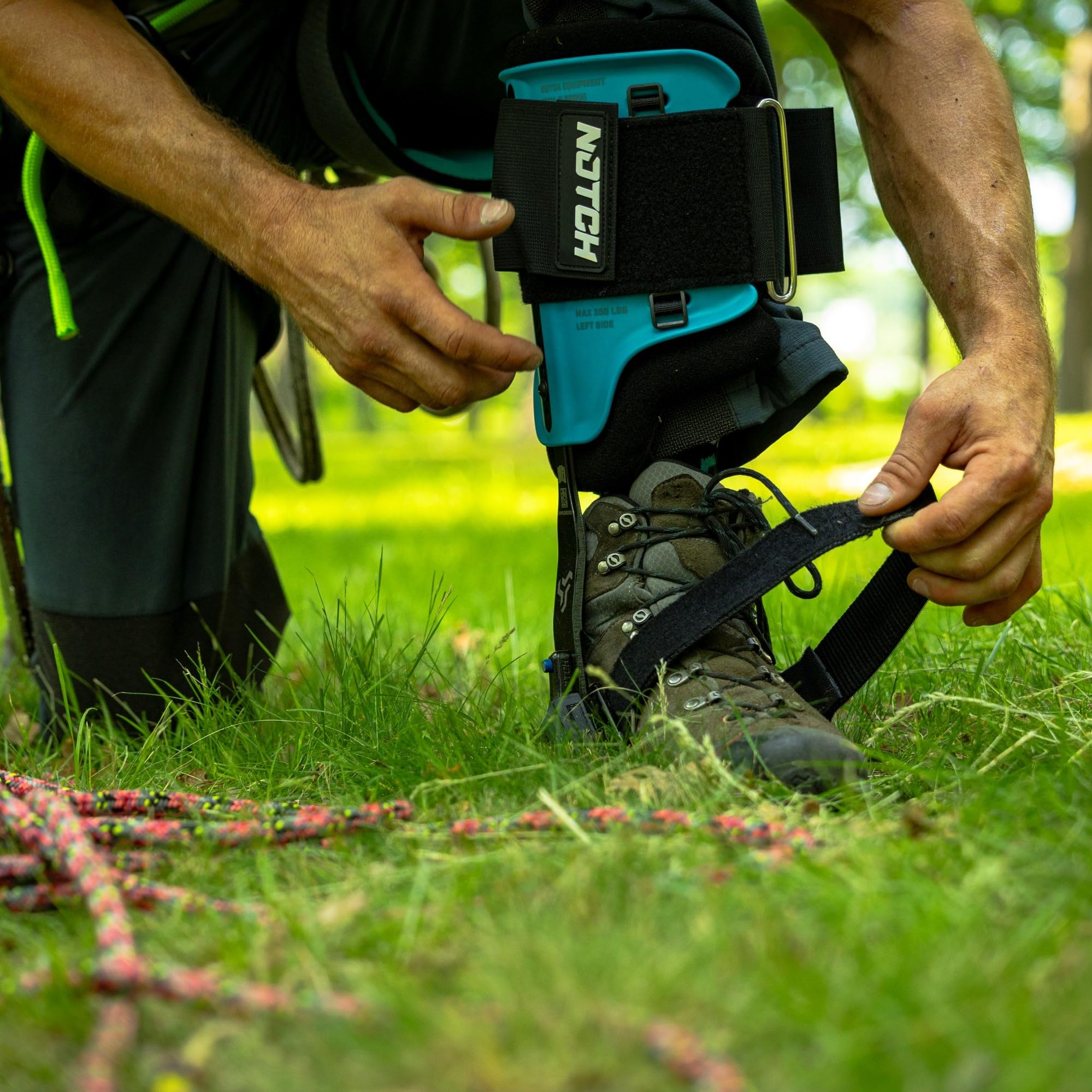 Notch Steel Climbers rear strap remains set for convenient comfort.