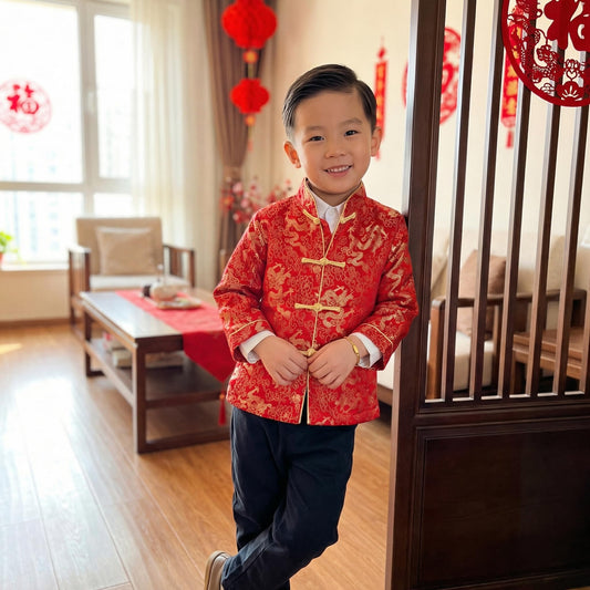 Noubeau dragon-pattern shirt ideal for photo days and stage performances in red.