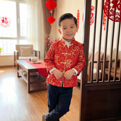 Noubeau dragon-pattern shirt ideal for photo days and stage performances in red.