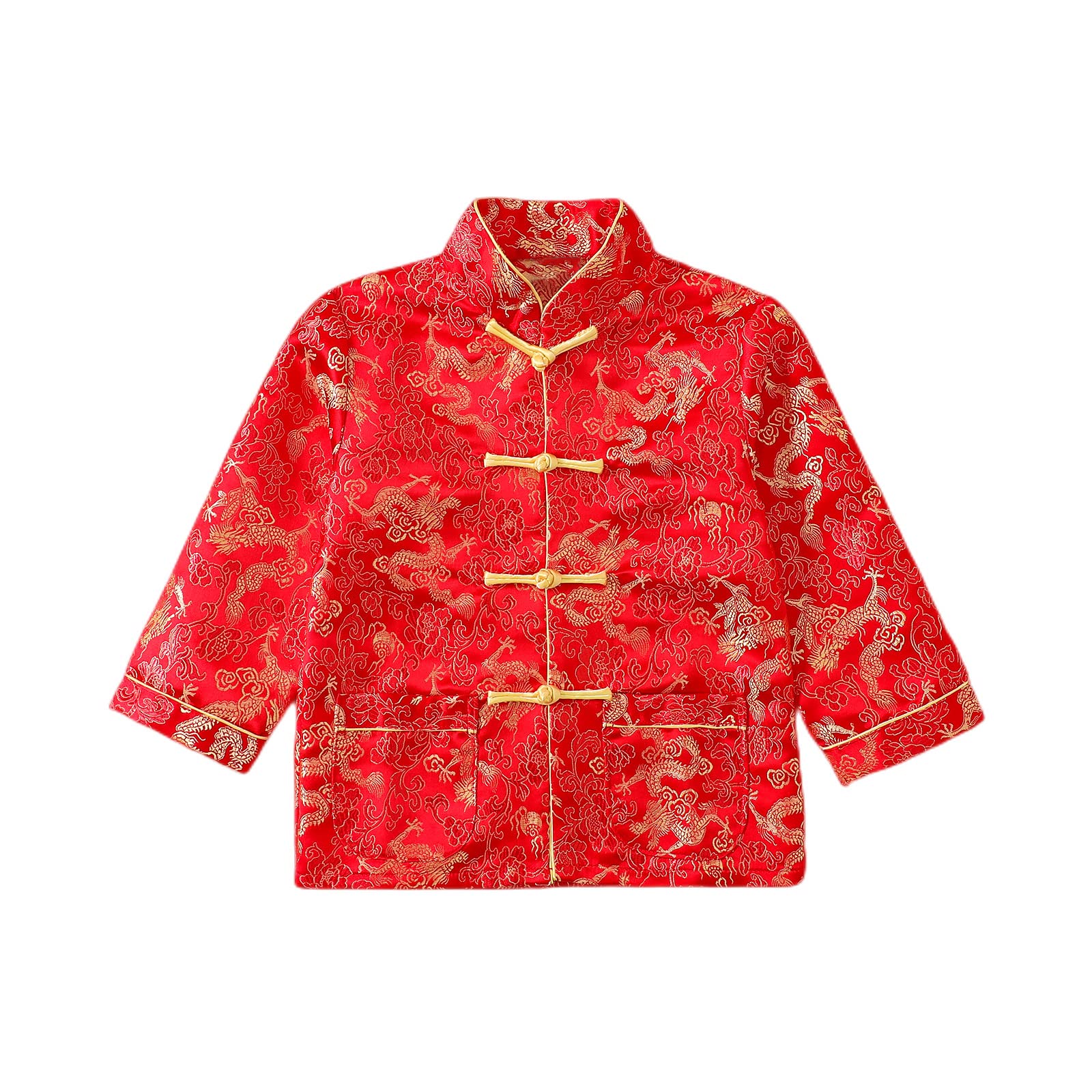 Noubeau boy Tang suit dragon long sleeve shirt with stand-up collar in red for festive wear.