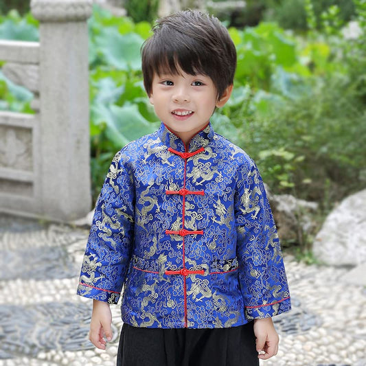 Noubeau boy Tang suit stand-up collar blue, keeps shape wash after wash.