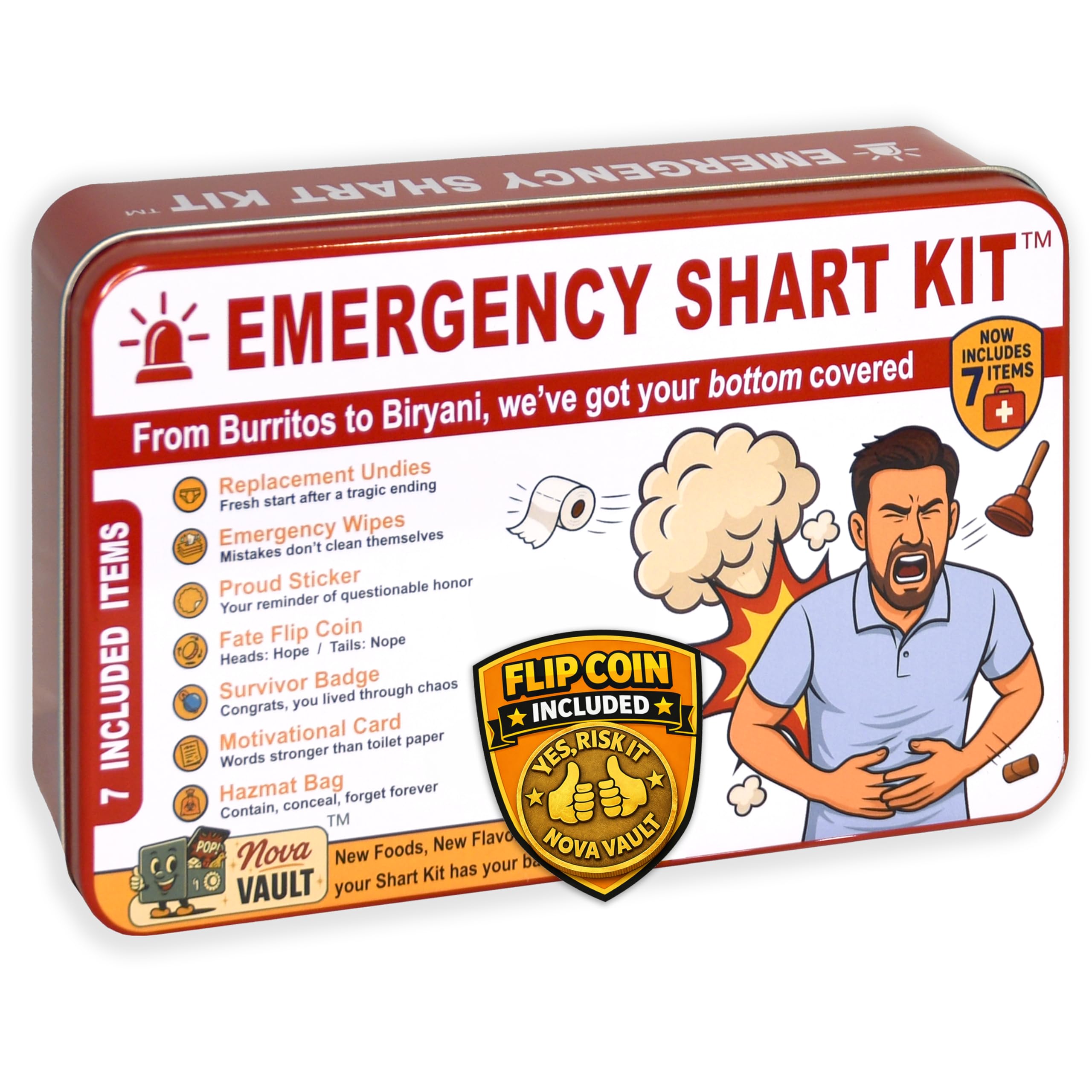 Nova Vault Funny Emergency Shart Kit box tin shown as a bold gag gift.