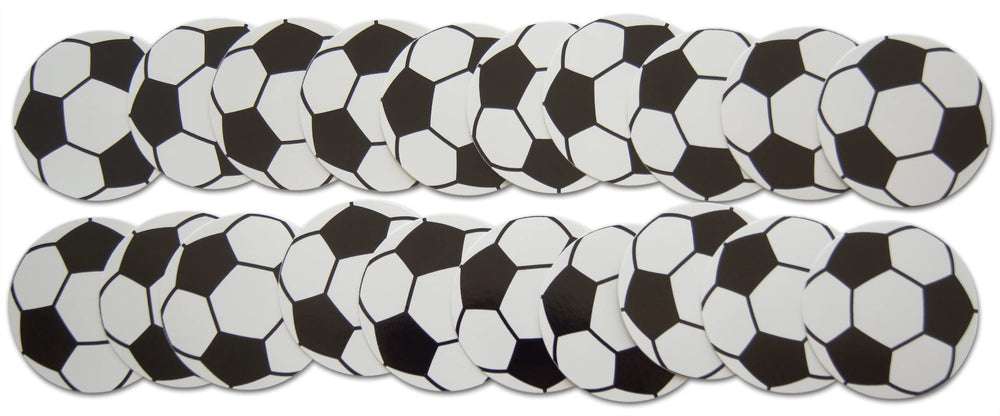Novel Merk soccer ball decals serve as fun party favors for sports celebrations.