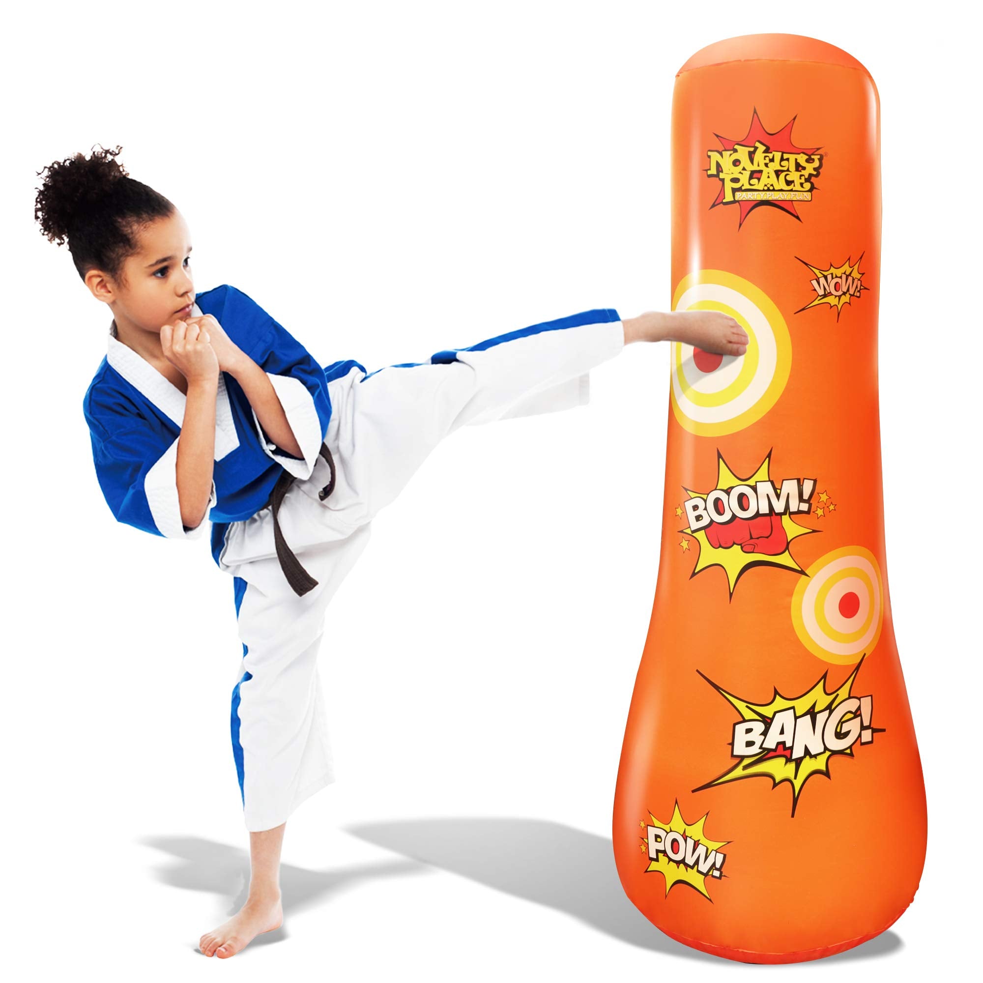 Novelty Place kid's inflatable punching bag stand for indoor and outdoor play.