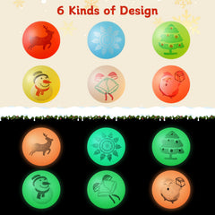 NOVWANG six-pattern glow balls featuring Santa, tree, elk, snowflake, snowman, and bell.