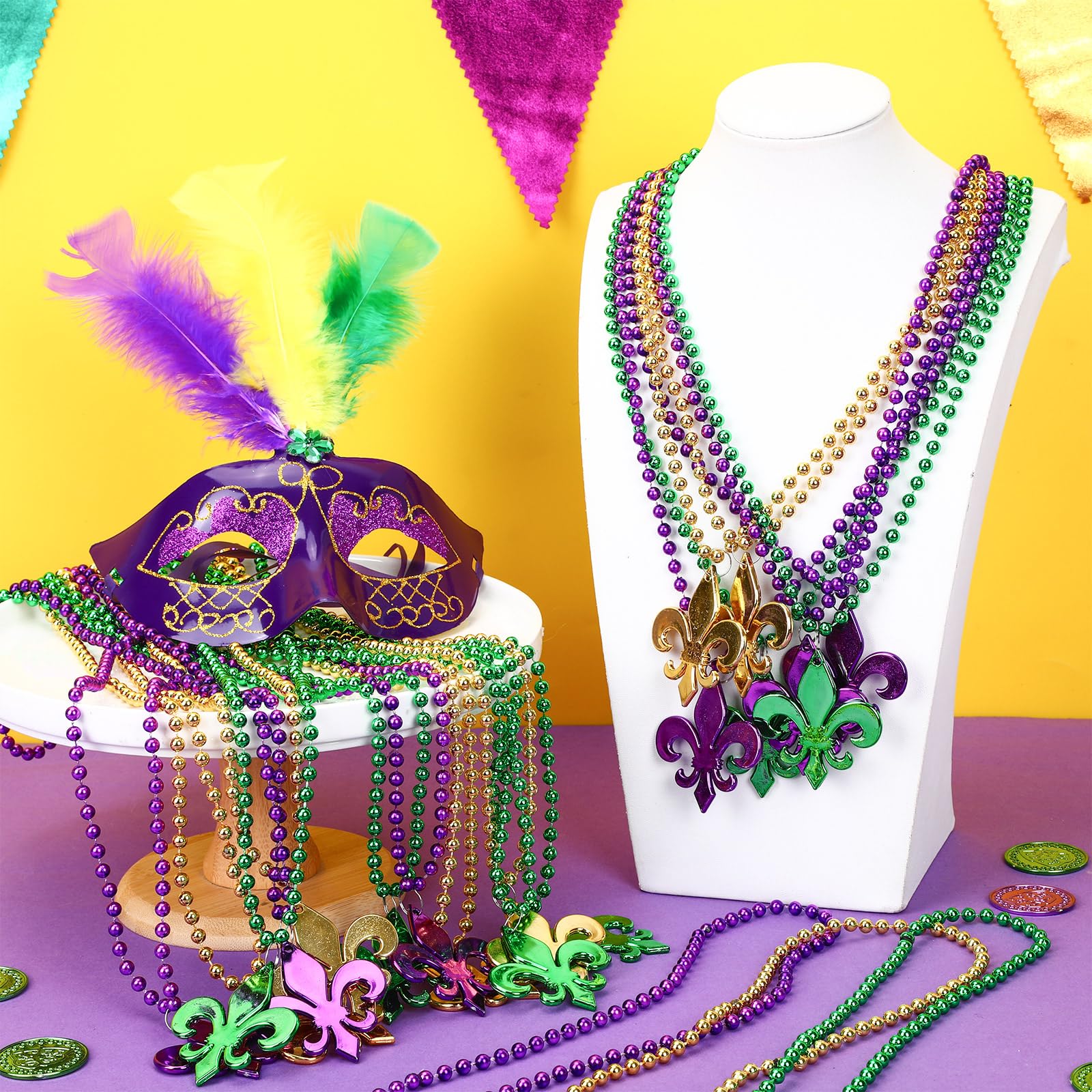 Green, yellow, purple colorway on NOVWANG bead necklaces.