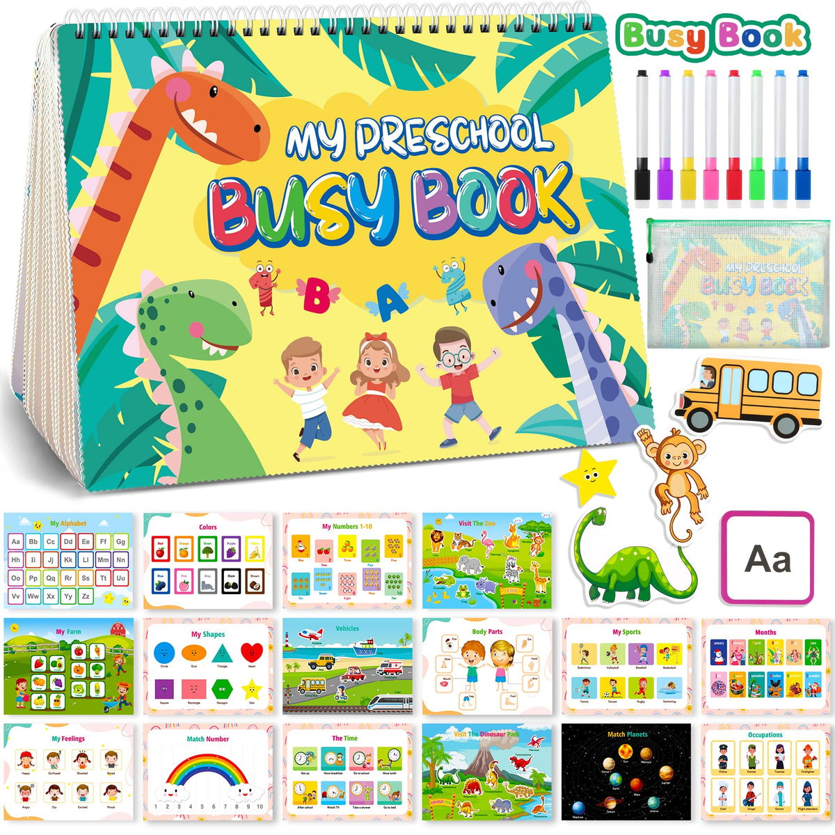 NOWRICH Montessori Busy Book dinosaur theme cover promotes travel-friendly imaginative learning.