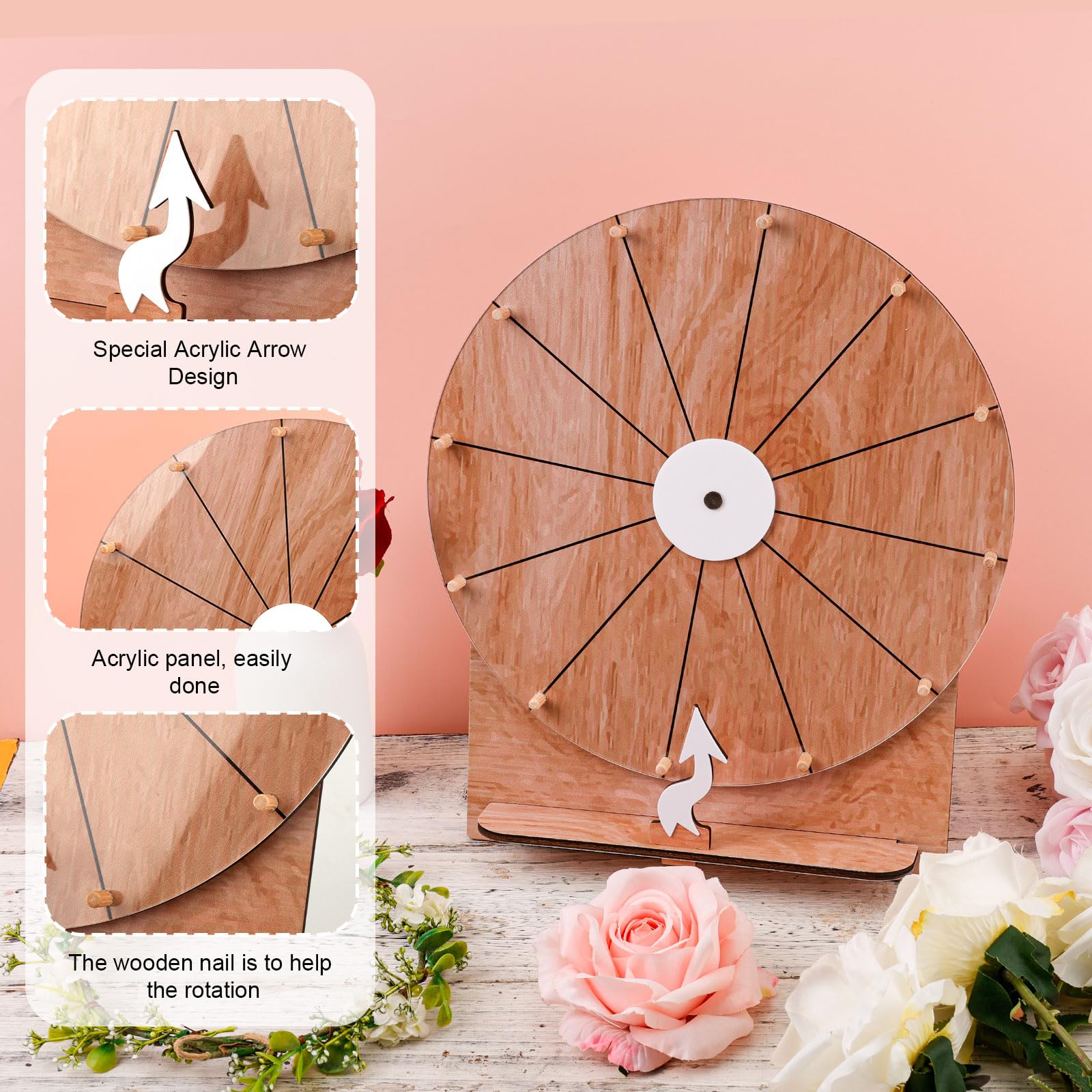 Acrylic writing plate on the wooden prize wheel for erasable prompts.