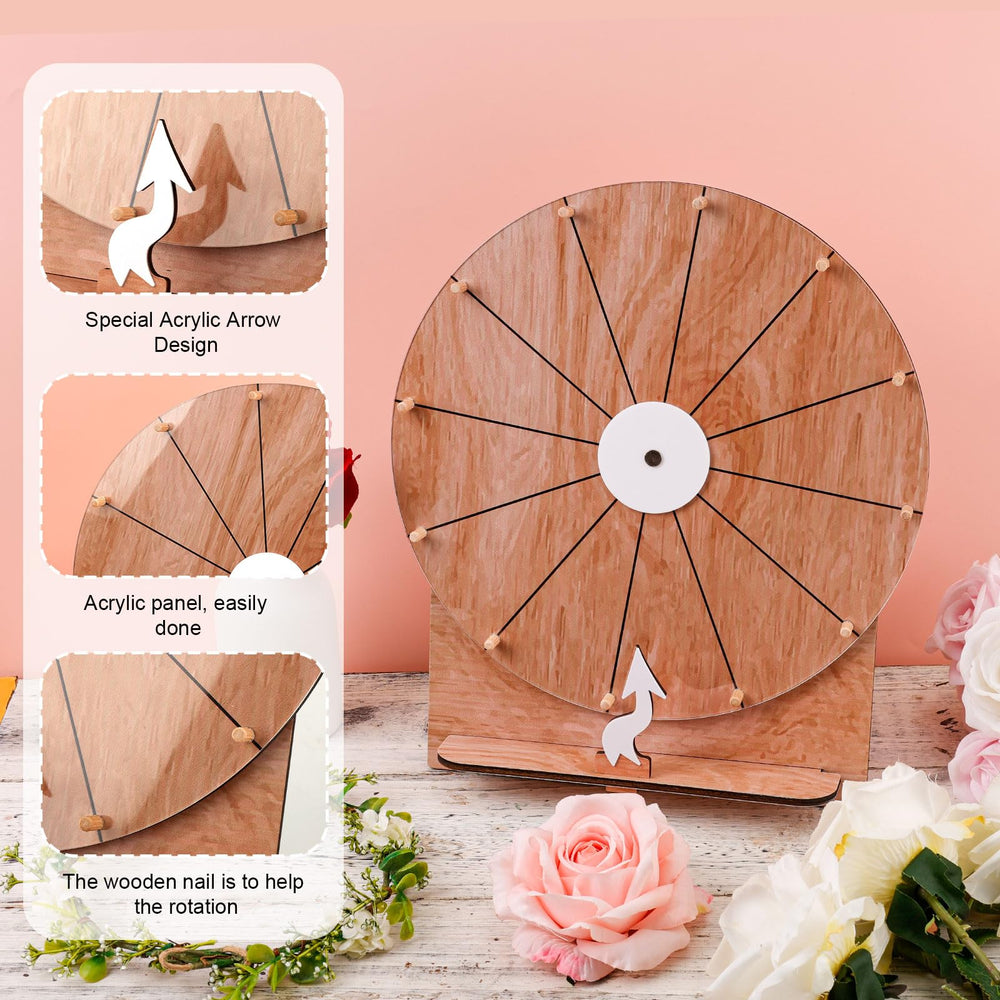 Acrylic writing plate on the wooden prize wheel for erasable prompts.