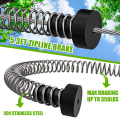 NTR zipline spring brake cable connection highlights quick, secure mounting for safe stops.