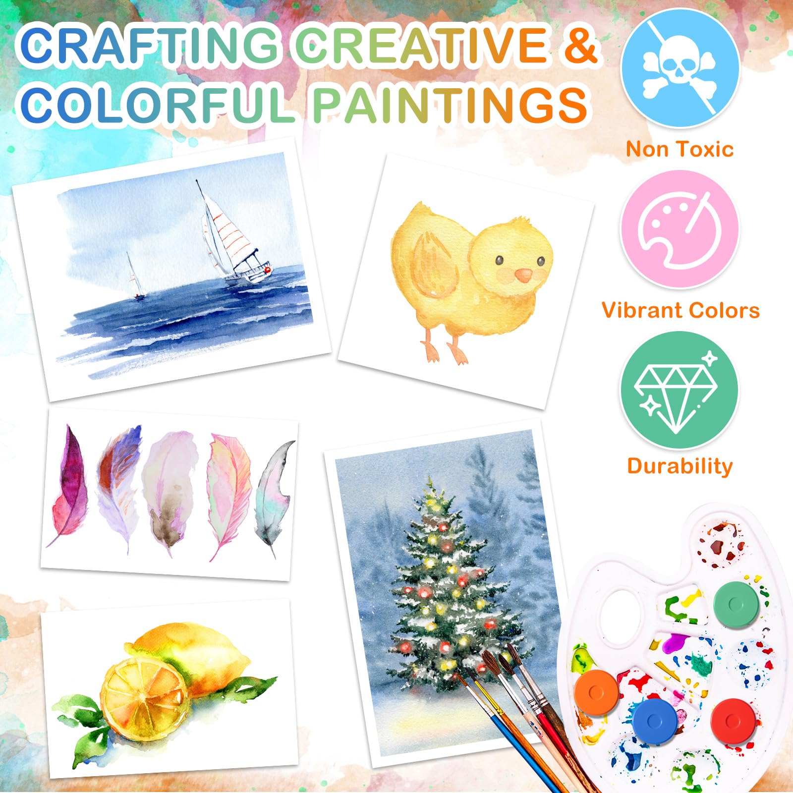 Nuanchu tempera paint cakes color swatches show bright palette variety.