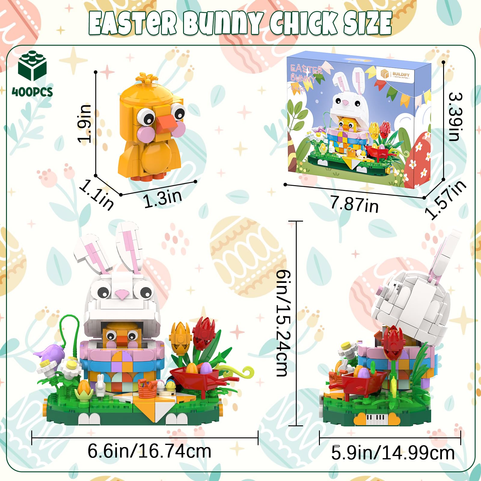 Nubee Bunny Chick set dimensions show compact desktop display.