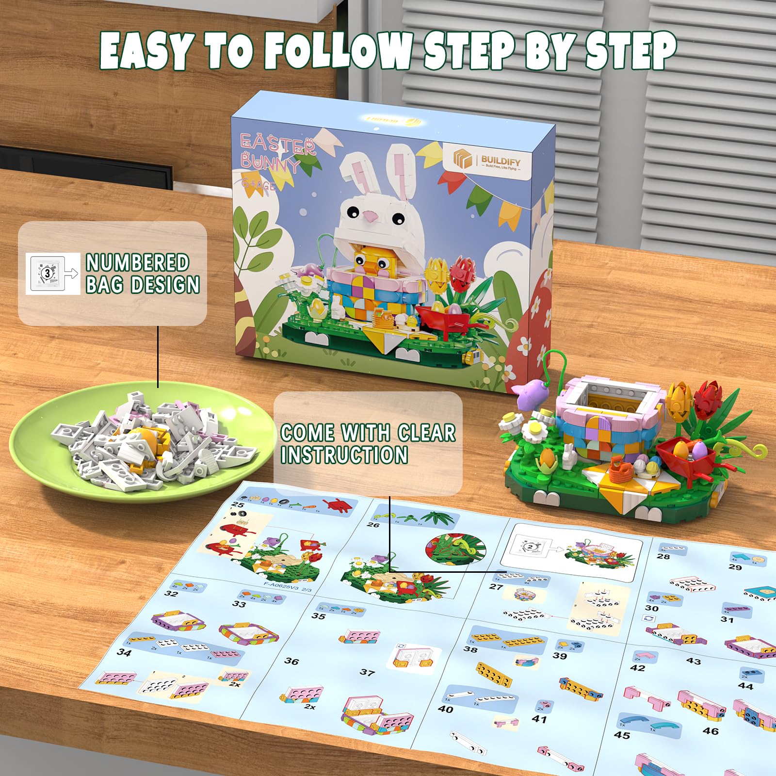 Nubee Easter Bunny Chick set instruction with numbered bags for fast building.