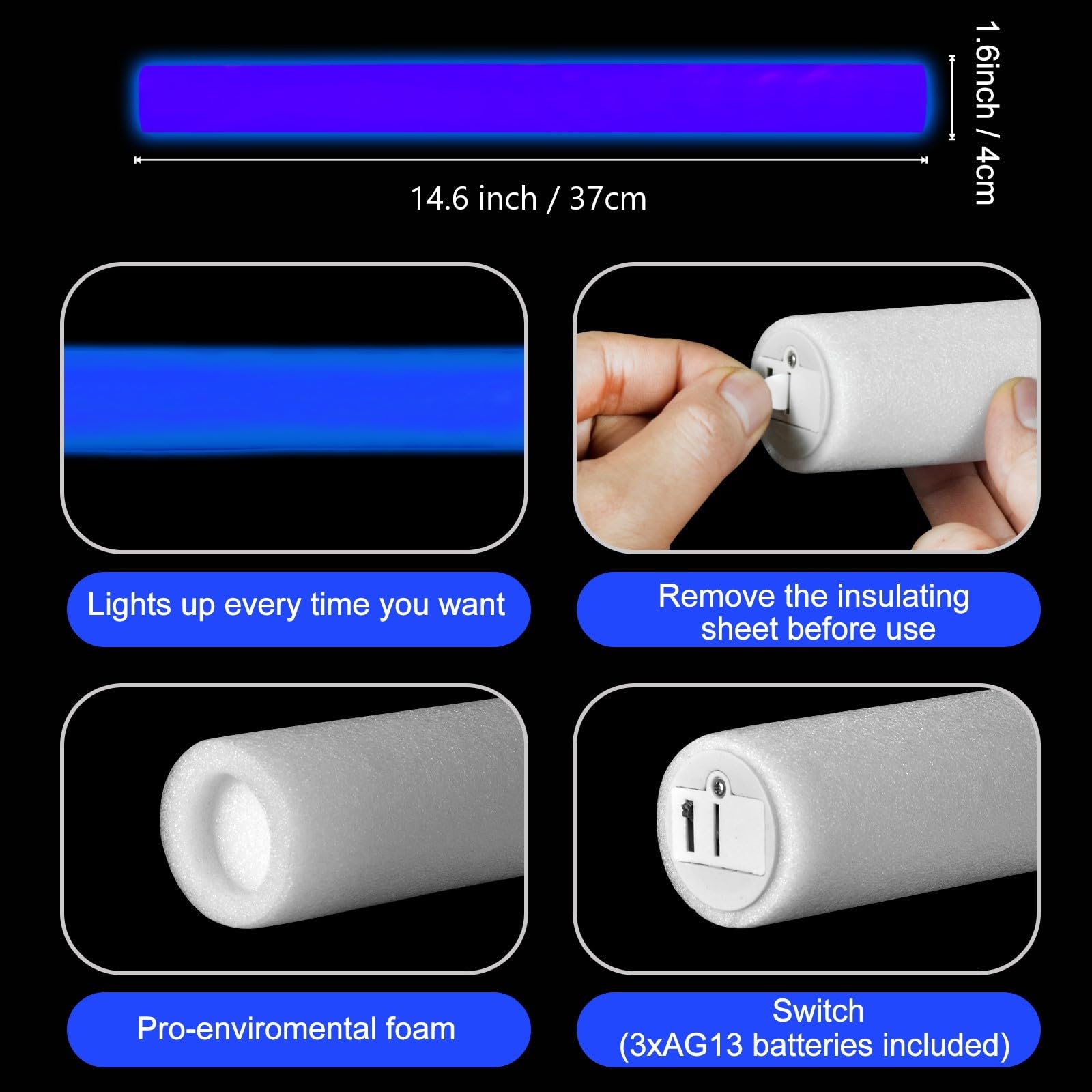 NUDALA blue LED foam wands with three modes for vivid dance floors.