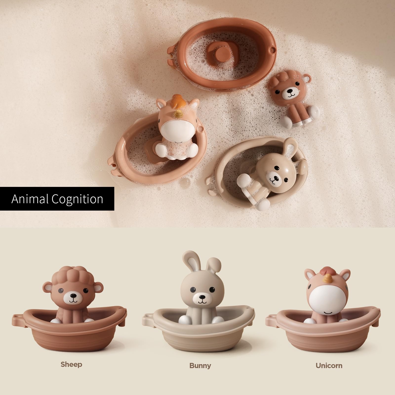 Nueplay animal finger puppets accompany boats for imaginative bath play.