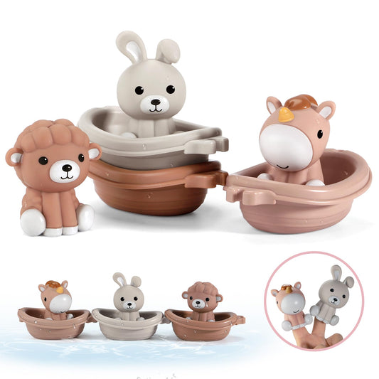 Nueplay bathtub boats with stackable design encourage fine motor skills during bath time.