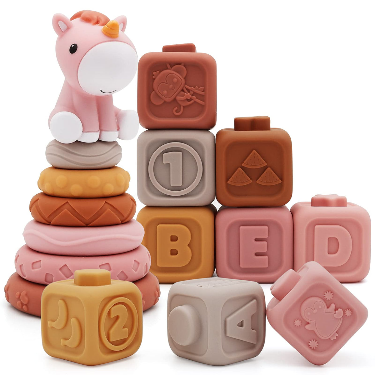 Nueplay soft stacking rings with dots texture for tactile exploration and fine motor play