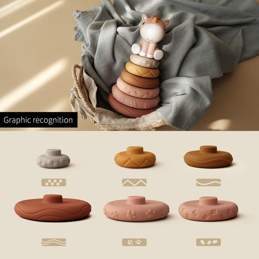 Nueplay Stacking Rings with textured dots promote tactile exploration during early play