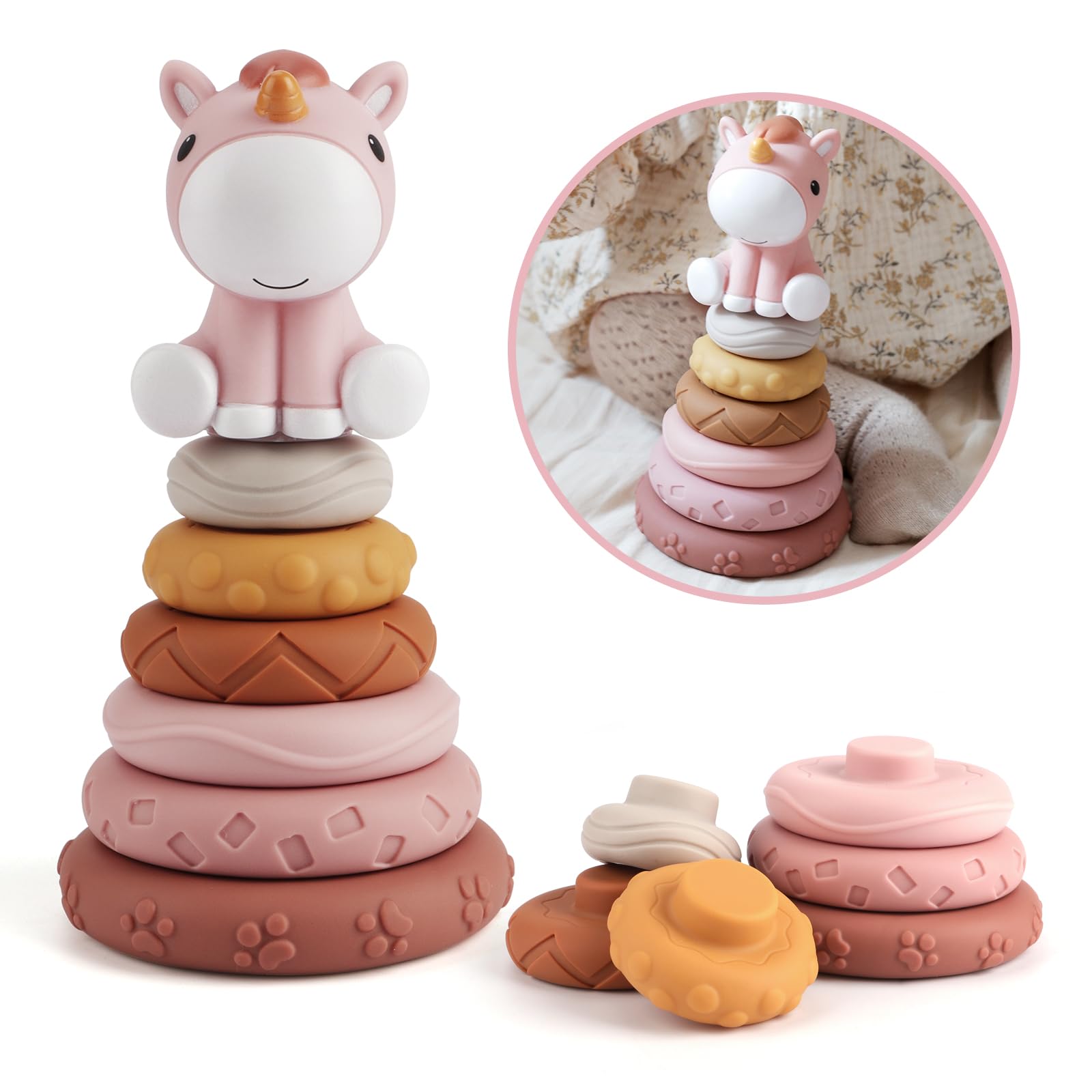 Nueplay Stacking Rings with unicorn topper enhance fine motor play for babies