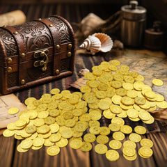 Nuesaurd coins stacked as pirate-themed centerpieces and decor moments