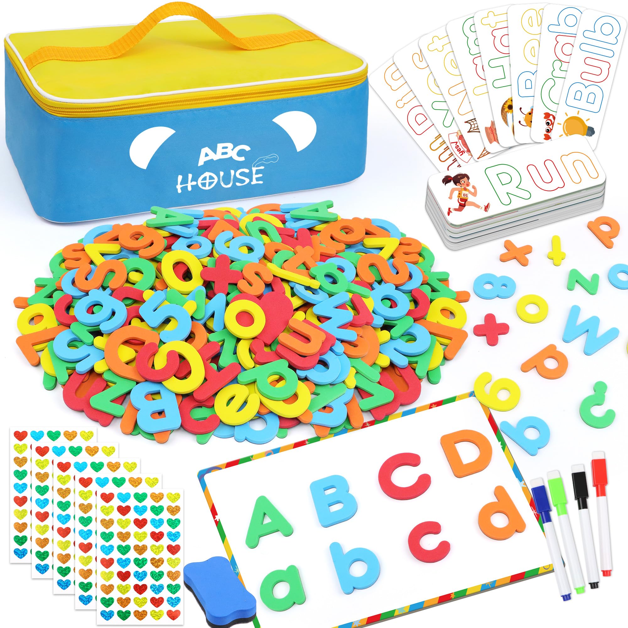 Nuesaurd magnetic letters kit on fridge for interactive spelling.