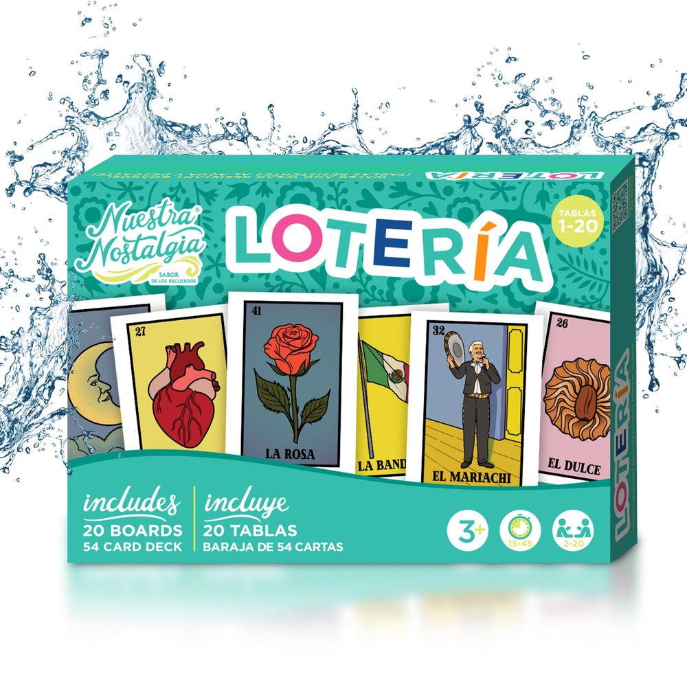 Nuestra Nostalgia waterproof Lotería board 12x8 with clear images for easy viewing, ideal for family game night